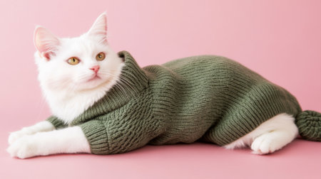 White cat in green knitted sweater looking cozy and cute on green background, AI generatedの素材