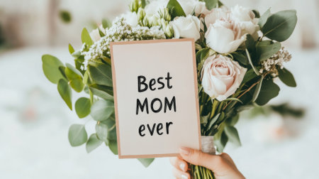 Mothers Day card with floral bouquet and Best Mom ever message in woman hands, AI generatedの素材