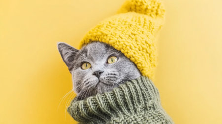 Gray Cat in cozy knitted hat and sweater against color background, AI Generatedの素材