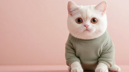 White cat in green knitted sweater looking cozy and cute on green background, AI generatedの素材