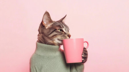 Cat in sweater hugging pink coffee mug on light pink background, AI generatedの素材
