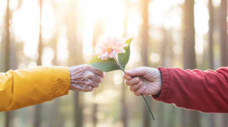 Elderly hands exchanging flowers in forest setting during autumn, concept of Valentines Day, AI Generatedの素材