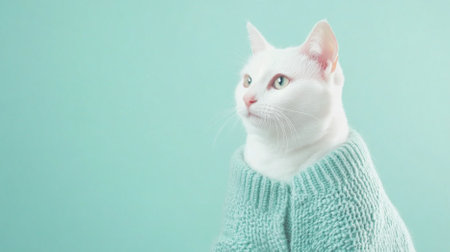 White cat in green knitted sweater looking cozy and cute on green background, AI generatedの素材