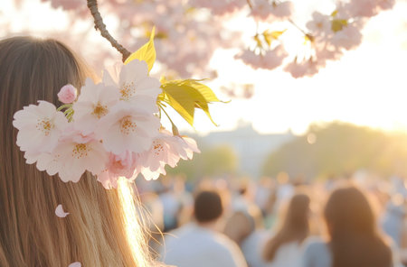 Japanese sakura Cherry blossom festival, rear view of young woman in park during spring with crowd enjoying the atmosphere, AI generatedの素材