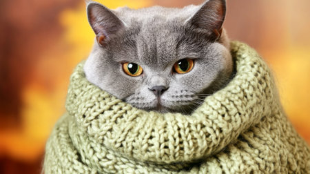 Gray Cat in cozy knitted sweater against color background, AI Generatedの素材