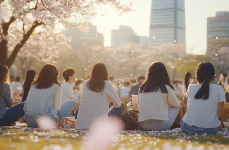 Japanese sakura Cherry blossom festival, picnic in city park with young adults enjoying springtime, AI generatedの素材