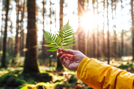 Hand of elderly person holding wildflowers and fern in sunlit forest, nature and aging concept, AI generatedの素材