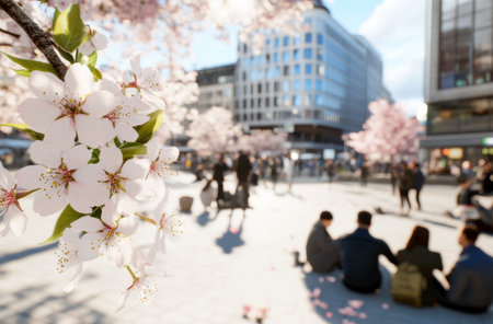 Japanese sakura Cherry blossom festival, in urban setting with people enjoying outdoors, spring, background, AI Generatedの素材