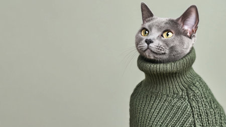 Gray Cat in cozy knitted sweater against color background, AI Generatedの素材