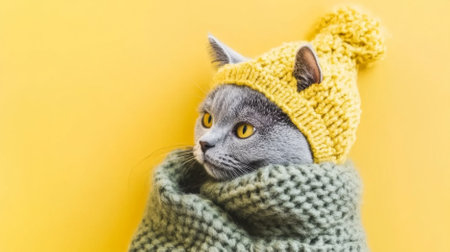 Gray Cat in cozy knitted hat and sweater against color background, AI Generatedの素材