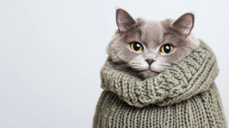 Gray Cat in cozy knitted sweater against color background, AI Generatedの素材