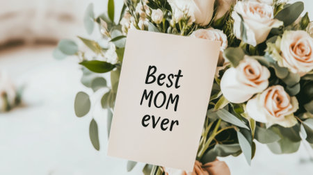 Mothers Day card with floral bouquet and Best Mom ever message in woman hands, AI generatedの素材