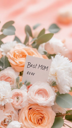 Mothers Day floral arrangement featuring pink roses and card Best Mom ever, holiday celebration postcard, AI generatedの素材