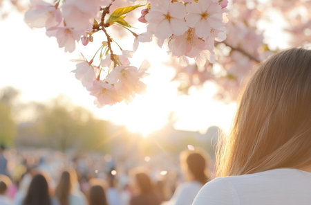 Japanese sakura Cherry blossom festival, rear view of young woman in park during spring with crowd enjoying the atmosphere, AI generatedの素材