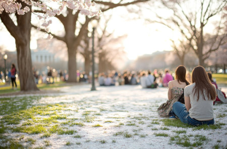 Japanese sakura Cherry blossom festival, picnic in city park with young adults enjoying springtime, AI generatedの素材
