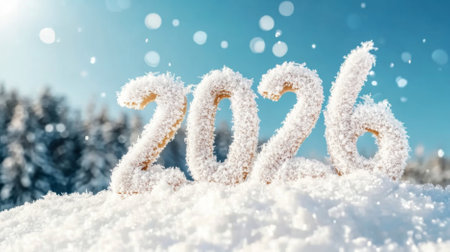 New year 2026 numbers in snow with bokeh lights, holiday and winter theme, AI Generatedの素材