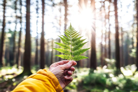 Hand of elderly person holding wildflowers and fern in sunlit forest, nature and aging concept, AI generatedの素材
