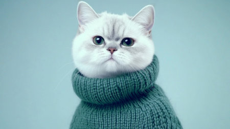 White cat in green knitted sweater looking cozy and cute on green background, AI generatedの素材