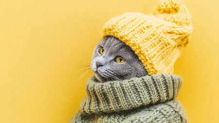 Gray Cat in cozy knitted hat and sweater against color background, AI Generatedの素材