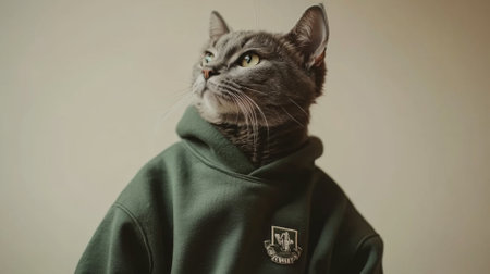 Gray Cat in cozy knitted sweater against color background, AI Generatedの素材