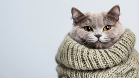 Gray Cat in cozy knitted sweater against color background, AI Generatedの素材