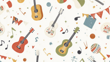 Colorful holiday mexican guitar pattern with music-themed elements as celebration background, AI generatedの素材