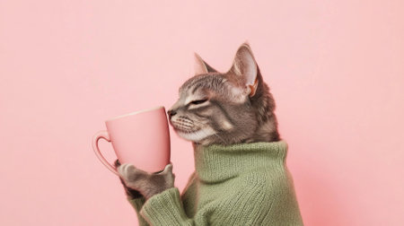 Cat in sweater hugging pink coffee mug on light pink background, AI generatedの素材