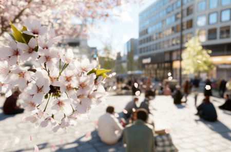 Japanese sakura Cherry blossom festival, in urban setting with people enjoying outdoors, spring, background, AI Generatedの素材