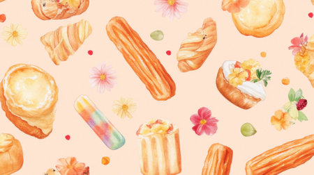 Traditional mexican Pastry pattern on pastel peach background, AI Generatedの素材