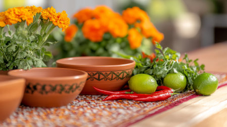 Colorful mexican national ceramic bowls with floral pattern on table with limes and chili peppers, AI generatedの素材
