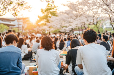 Japanese sakura Cherry blossom festival, picnic in city park with young adults enjoying springtime, AI generatedの素材