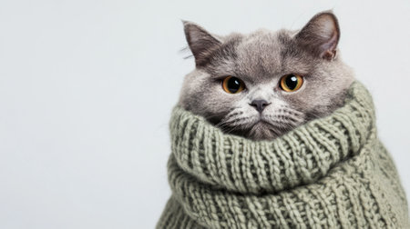 Gray Cat in cozy knitted sweater against color background, AI Generatedの素材
