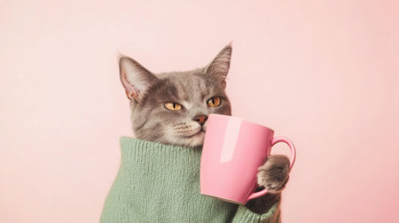 Cat in sweater hugging pink coffee mug on light pink background, AI generatedの素材