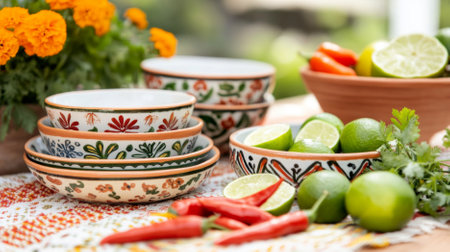Colorful mexican national ceramic bowls with floral pattern on table with limes and chili peppers, AI generatedの素材