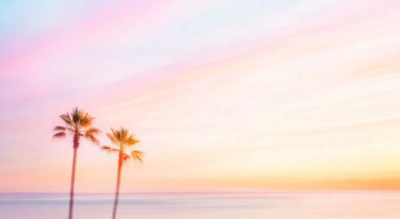 Abstract blurred palm trees against serene beach sunset, motion imitation background with copy space, AI generatedの素材