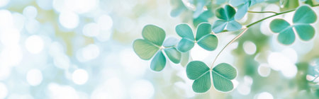 Green clover leaves with soft bokeh background for St. Patricks Day postcard, AI generatedの素材