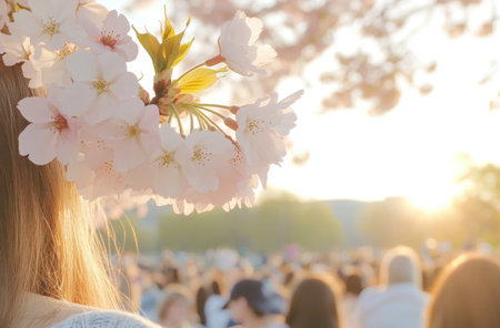Japanese sakura Cherry blossom festival, rear view of young woman in park during spring with crowd enjoying the atmosphere, AI generatedの素材