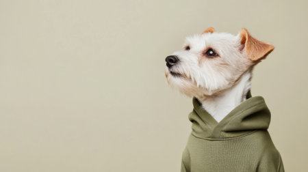 Cute white terrier wearing green knitted sweater on color background, AI Generatedの素材