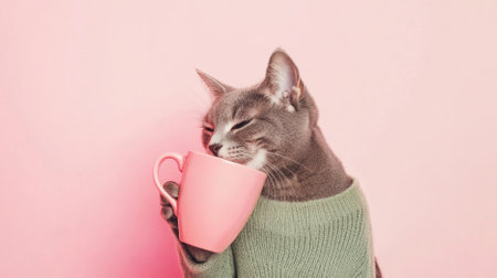 Cat in sweater hugging pink coffee mug on light pink background, AI generatedの素材
