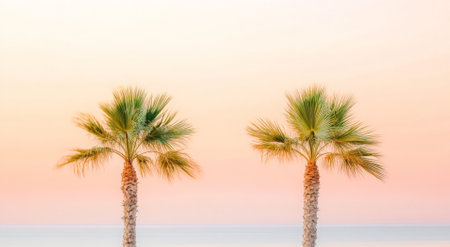 Abstract blurred palm trees against serene beach sunset, motion imitation background with copy space, AI generatedの素材