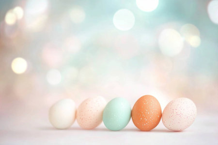 Easter pastel eggs nestled in grass and flowers with soft focus, background, AI Generatedの素材