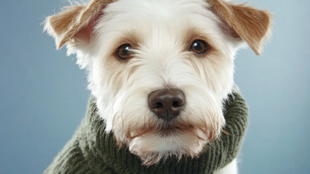 Cute white terrier wearing green knitted sweater on color background, AI Generatedの素材