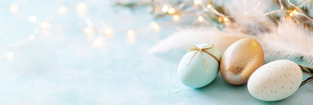 Easter eggs and white flowers on soft pink background, copy space, AI generatedの素材