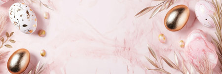Easter eggs with golden decorations on pink marble background, surrounded by leaves, AI generatedの素材