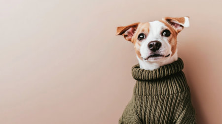 Jack Russell terrier in a knitted sweater sitting against gray background, AI Generatedの素材