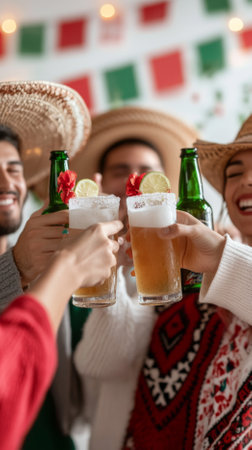 Friends celebrating Cinco de Mayo with drinks and joy outdoors, AI generatedの素材