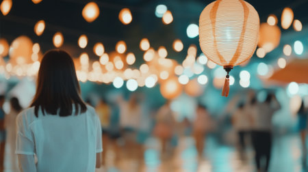 Crowded night market with hanging lights creating festive atmosphere, AI Generatedの素材