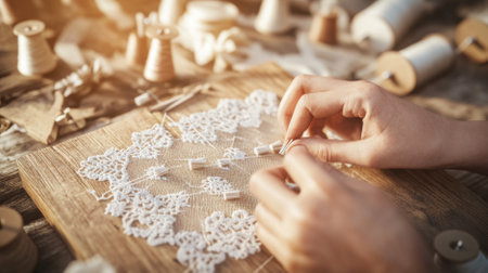 Hands embroidering delicate lace on wooden board, detailed craftsmanship, AI generatedの素材
