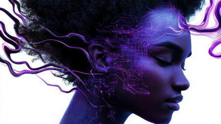 Double exposure of African American woman with AI circuit design, AI generatedの素材