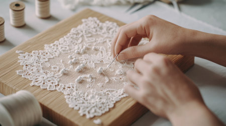 Hands embroidering delicate lace on wooden board, detailed craftsmanship, AI generatedの素材